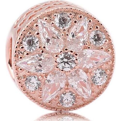Original Rose Gold Openwork Radiant Bloom With Crystal Beads Fit 925 Sterling Silver Bead Charm Bracelet Bangle Jewelry