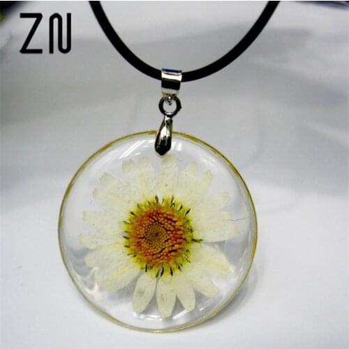ZN Handmade Boho Transparent Resin Dried Flower Daisy Necklace Ball Chain White Round 45cm long 1 Piece mothers day