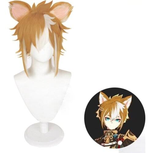 Genshin Impact Gorou Cosplay 40cm Brown Wig Cosplay with Ears Anime Cosplay Wigs Heat Resistant Synthetic Wigs Hair Halloween