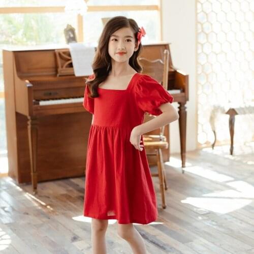 2021 Summer Girls Dress Red Cotton Princess Dresses for Girl Short Sleeve Kids Dress Childrens Clothing 6 8 10 12 14 16 Years