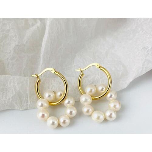 18K gold 100% Authentic 925 Sterling silver Freshwater Pearl Circles Loop Hoop Huggie Earrings jEWELRY tle2155