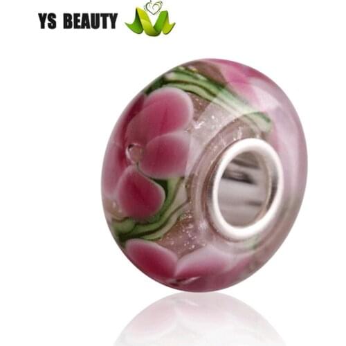 Pink flower large hole glass beads manufacturers direct S925 silver beads personality matching DIY beaded charm girls bracelet