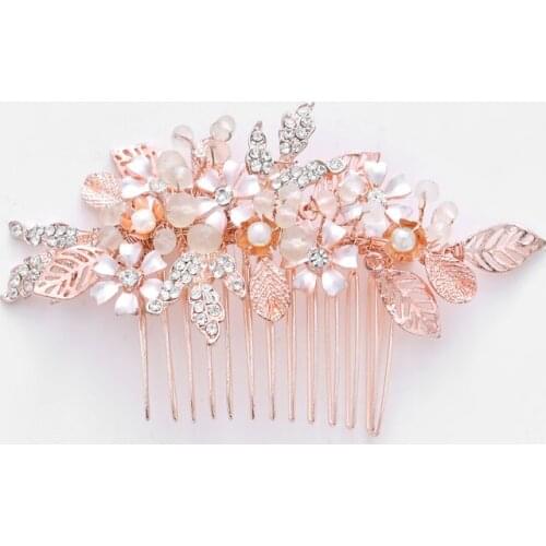 SLBRIDAL Rose Gold Crystal Rhinestone Flower Leaf Wedding Jewelry Hair Comb Bridal Headpieces Hair Accessories Bridesmaids Women