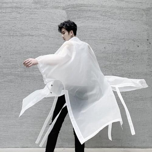 Spring Summer Mens Transparent Black White Long Trench Coat Long Windbreaker Outwear Casual L1