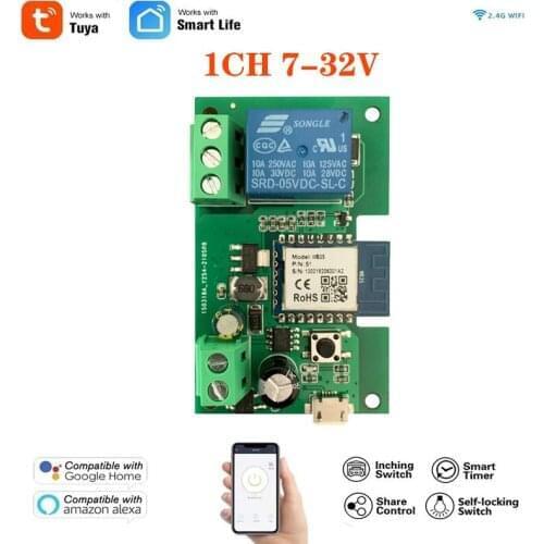 Tuya Smart Remote Control Wireless Wifi Switch Module 1CH DC 7-32V 5V Receiver 10A Relay For Alexa