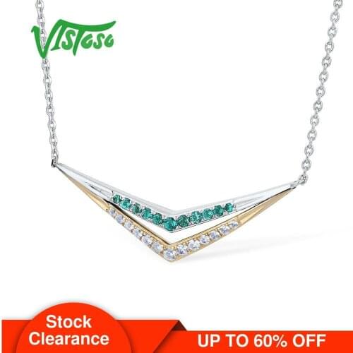 VISTOSO 10K Rose Gold&925 Silver White Sapphire lab Created Emerald Necklace For Lady Engagement Anniversary Gift Fine Jewelry