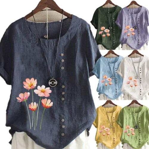 New Arrival Summer Fashion Womens Flower Printed Linen T-shirt Casual Loose Round Neck Short Sleeve Shirt Blouse Tops Plus Size
