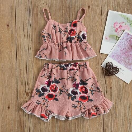 2-7 Years Clothing Baby Girl 2 Pcs Toddler Flower Print Outfits Girls Sleeveless Spaghetti Strap V-neck Tank Top + Ruffle Shorts