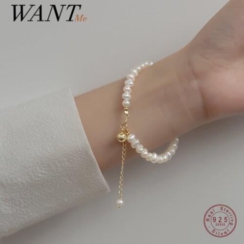 WANTME 925 Sterling Silver Elegant Natural Baroque Pearl Bell Chain Bracelet for Women Simple Wedding Party Jewelry Accessories