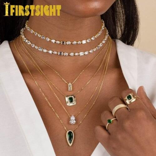 Iced Out Bling CZ Paved Choker Women Jewelry Various Shaped Geometric Heart Round Square Marquise Oval Link Chain Necklace