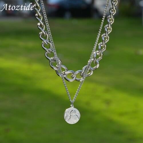 Atoztide Old Man Head Double Cuban Chain Necklace Stainless Steel Simple Fassion Jewelry For Women Girl Jewerly Gift Wholesale