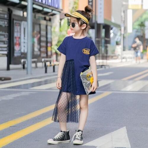 2020 Korean style Blue girls Mesh patchwork Letter Print T shirt dress fashion summer girls dresses 4 5 6 7 9 10 11- 12 years