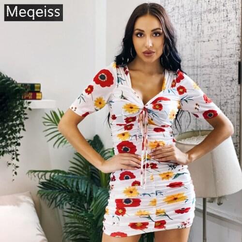 2020New Sexy Floral Printed Drawstring Ruched Dress Women Short Sleeve Bodycon Mini Dress Woman Spring Summer Streetwear Clothes