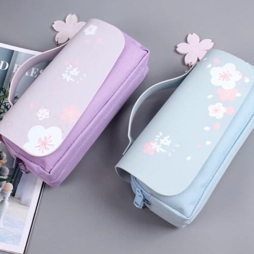 2021 Sakura double-layer double zipper large capacity pencil case ins school office small fresh pencil case stationery bag