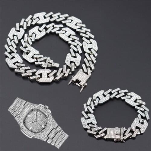 3pcs Kit Hip Hop 17MM AAA+ Iced Out Alloy Rhinestones Coffee Bean Prong Cuban Necklace+Watch+Bracelet Rapper For Men Jewelry