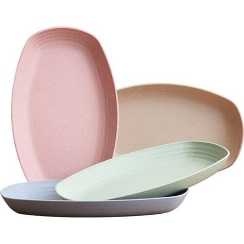 4Pcs Wheat Straw Oval Shape Fruit Dessert Food Storage Plates
