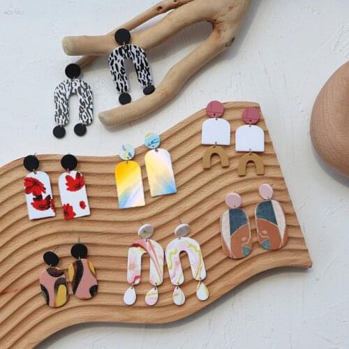 AOMU 1Pair Korea Fashion Colorful Printing Geometric Irregular Acrylic Long Dangle Earrings for Women Jewelry