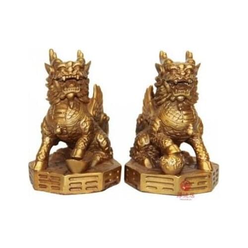 Free shipping China Bronze collect yuan bao feng shui Kylin Chi-lin Qilin Therion statue 13cm height a pair