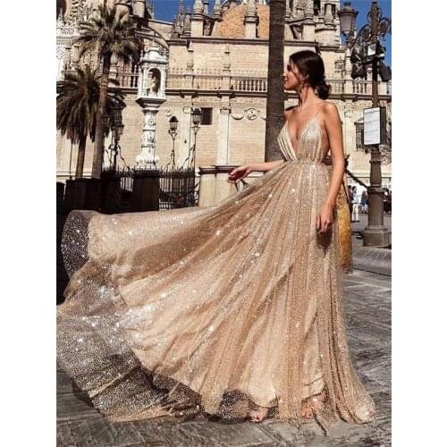 Champagne Prom Dresses A-line Spaghetti Straps Sequins Sparkle Backless Sexy Long Prom Gown Evening Dresses Robe De Soiree