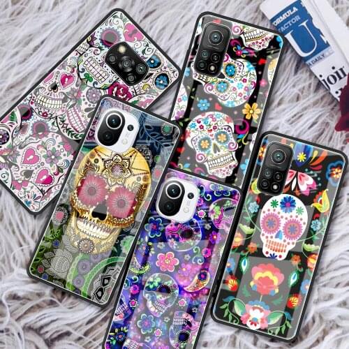 Tempered Glass Case For Xiaomi Mi Poco X3 NFC 10T Pro Note 10 Lite 9T 11 CC9 F3 Luxury Phone Cover Shell Cool Flower Skull Art