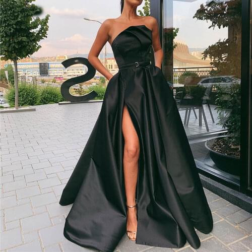 Black strapless pleat prom party evening dresses vestido de noiva sereia gown robe de soiree prom party simple satin lace-up
