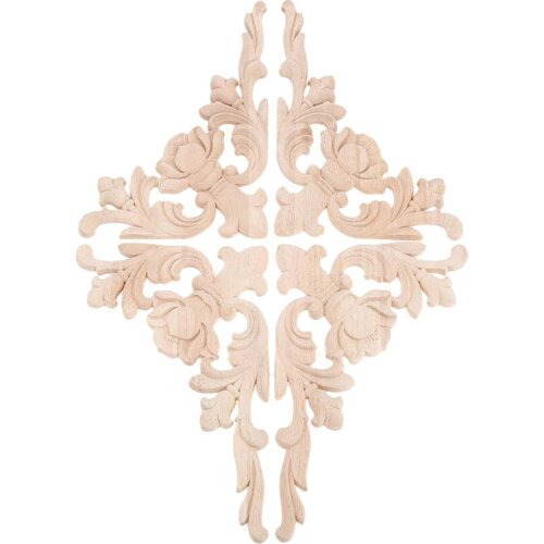 4 Pcs Wood Carved Onlay Applique For Home Furniture As Wardrobe Wall Cabinet Door Decal Left & Right Irregular Floral