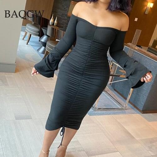 Elegant Off Shoulder Long Sleeve Party Women Dress Solid Fashion Knitted Drawstring Flare Sleeve Bodycon White Dress Plus Size
