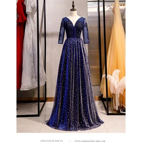 Purple Evening Dress Abendkleider Sexy V-Neck A-line Formal Dress Half Sleeve Evening Dresses Long Dress Robe De Soiree 2020