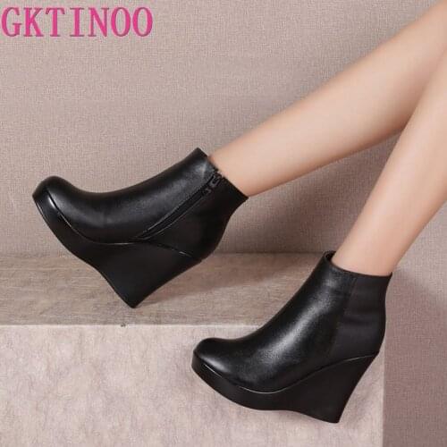 GKTINOO 2021 Genuine Leather Autumn Winter Boots Shoes Women Ankle Boots Female Wedges Boots Women Boot Platform Shoes