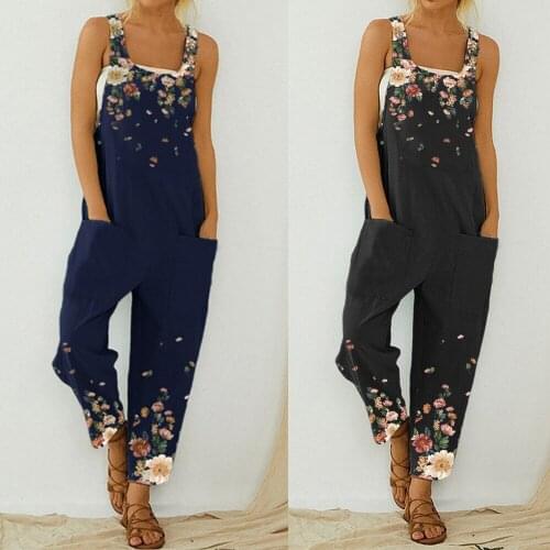 Women Summer Floral Jumpsuits Vintage Cotton Linen Pocket Wide Leg Pants Rompers Casual Dungarees Suspenders Trouser Overalls