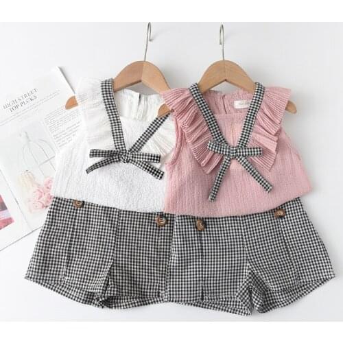Girls Clothing Sets Summer Children Chiffon Vest + Plaid Shorts 2pcs Kids Clothes Suits Tracksuits For 2-6Y Toddler Girl