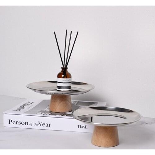 Nordic Metal Round Solid Wood Bbase Tray Small Items Desktop Ornament Storage Plate Aromatherapy Display Decoration Plate