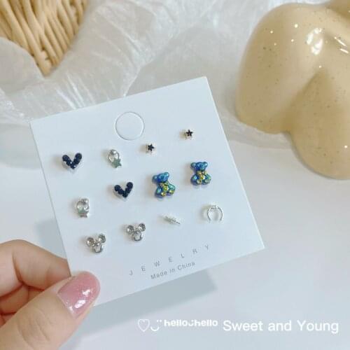 Classic Love Bow Tie Bear Earrings Set S925 Fashion Simple Geometric Stars Niche INS Wind Earrings Female Trend