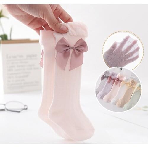 Solid Color Baby Socks Cute Bows Soft Knee High Socks For Baby Girl Infant Toddler Summer Breathable Long Socks