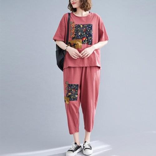 2021 New Arrival Fashion Womens Clothes Set Cotton Print Applique Summer Casual Set Loose Tops Harem pants Two Piece Set