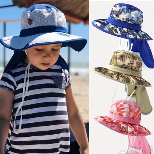 UV Protection Baby Summer Safari Sun Hat Boys Cap Children Panama Unisex Beach Baby Girl Bucket Hat Cartoon Neckflap Cap for Kid