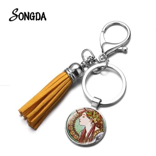 Retro Alphonse Mucha Picture Keychain Art Nouveau Style Painting Glass Dome Pendant Leather Tassel Key Rings Bag Llaveros