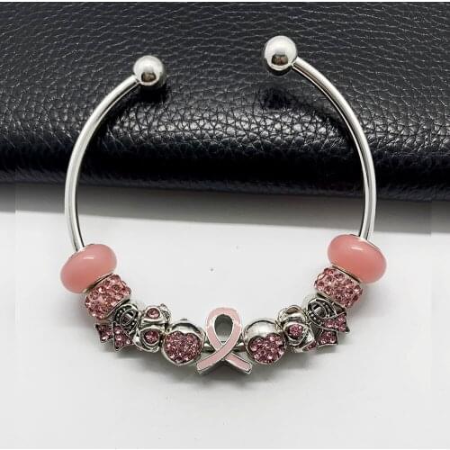 Pink rhinestone inlaid metal big hole beads ribbon charms bracelet breast cancer awareness jewelry opening bangle