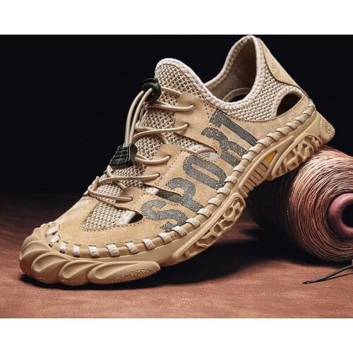 Mens Sandals Summer Leather Covered Mesh Lace Up Casual Shoes Comfortable And Breathable Hand Sewing Summer Sandals