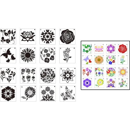 16x Flowers Painting Stencils Drawing Dot Templates for Wall DIY Card Decor