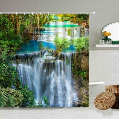 Tropical Rainforest Forest Waterfall Shower Curtain Park Green Plants Natural Landscape Family With Hook Screen Home Decoration