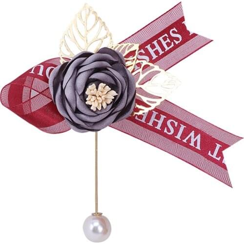 European and American Hot Sale Dark Gray Groom Suit Lapel Pin Mens Corsage Ribbon Gold Leaf Handmade Business Wedding Supplies