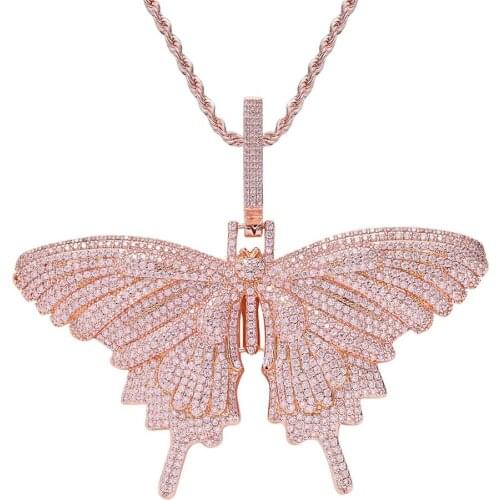 Hiphop Jewelry Iced Out Rose Gold Pink Choker Pink CZ Butterfly Pendant Cuban Link Necklace