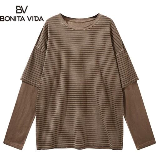 Bonita Vida Hip Hop Striped Long Sleeve T Shirt Men Harajuku High Street Wash Water Frayed Cotton Loose T-Shirt Tops Outwear