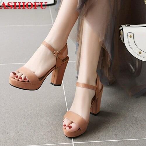 ASHIOFU Handmade Hot Sale Womens Chunky Heels Sandals Slingback Faux-Leather Party Summer Shoes Sexy Platform Fashion Sandals