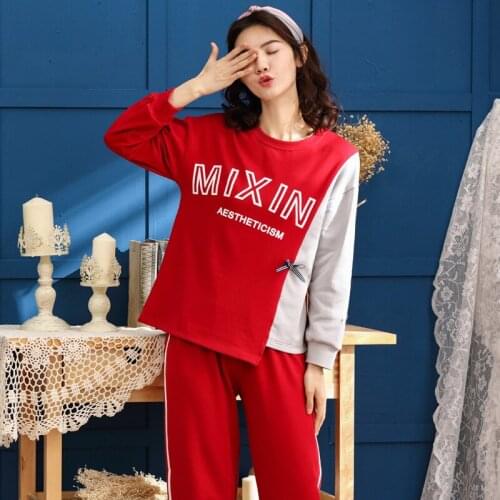 Women Korean 2019 print ladies cotton autumn winter thin style home knitted pullover long sleeve trousers two piece pajama sets