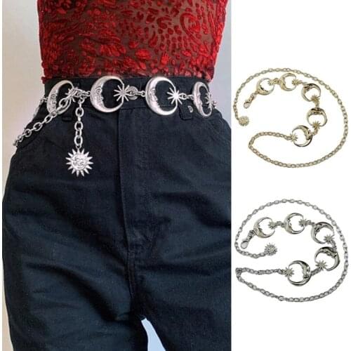 Gothic Punk Women Skinny Belt Bohemian Metal Moon Charm Wait Chain Body Jewelry LX9E