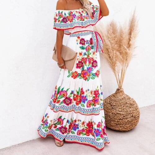 Plus Size Summer Dress Floral Print High Waist Female Ladies Horizontal Shoulder Dress Beach Party Long Dresses Vestidos 2021