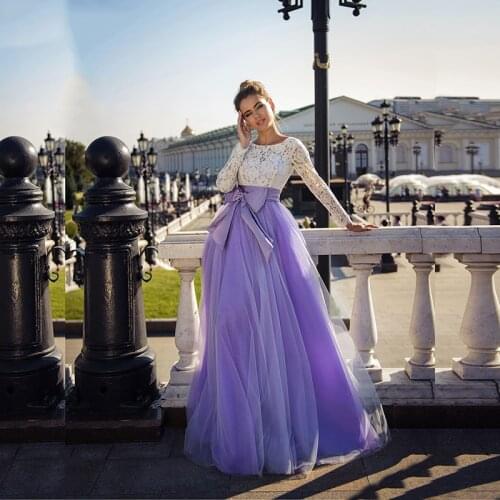 2021 New Arrival Charming Purple Lace Prom Party Dresses Long Sleeves Jewel Neck Wedding Guest Gowns Cut Out Back Bow Belt