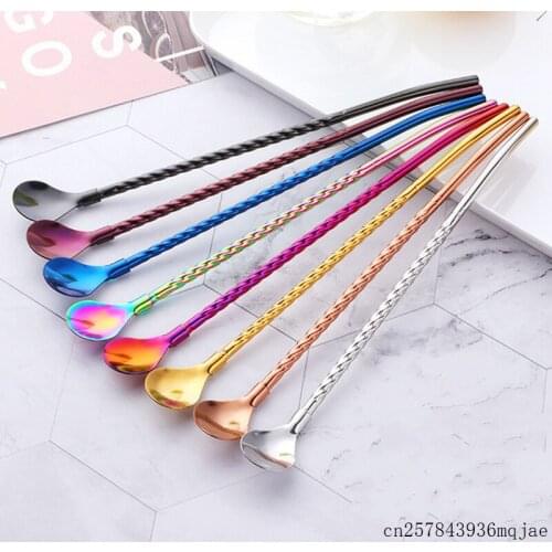 50pcs Straw Spoons Long Handle Straw Stainless Steel Mixing Spoon Metal Environmental Protection Straws